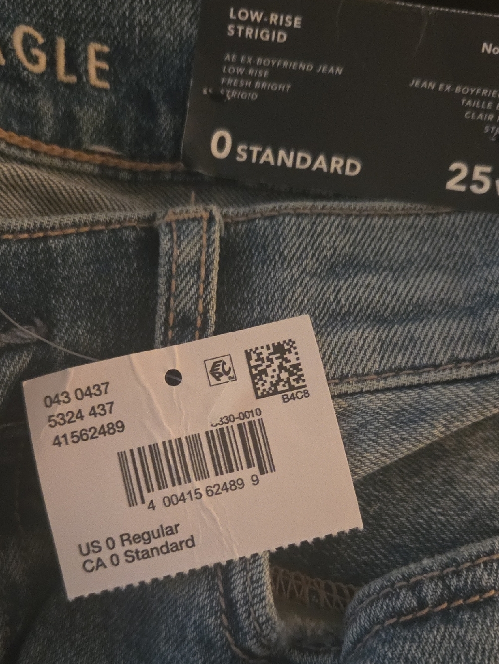 AE Ex-Boyfriend Low Rise Strigid Jeans - Size 0 Reg. 25" W - Brand New With Tags - Picture 8 of 8